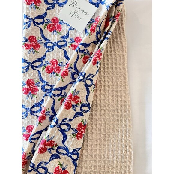 NEW Set 2 Kitchen Towels BLUE BOWS & ROSES Maison Home 100% Cotton Blue & White - Picture 4 of 6